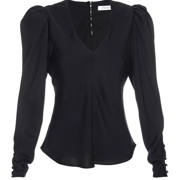 FRAME 100% Silk Shirred V-Neck Top Noir Size Large - Picture 4 of 7
